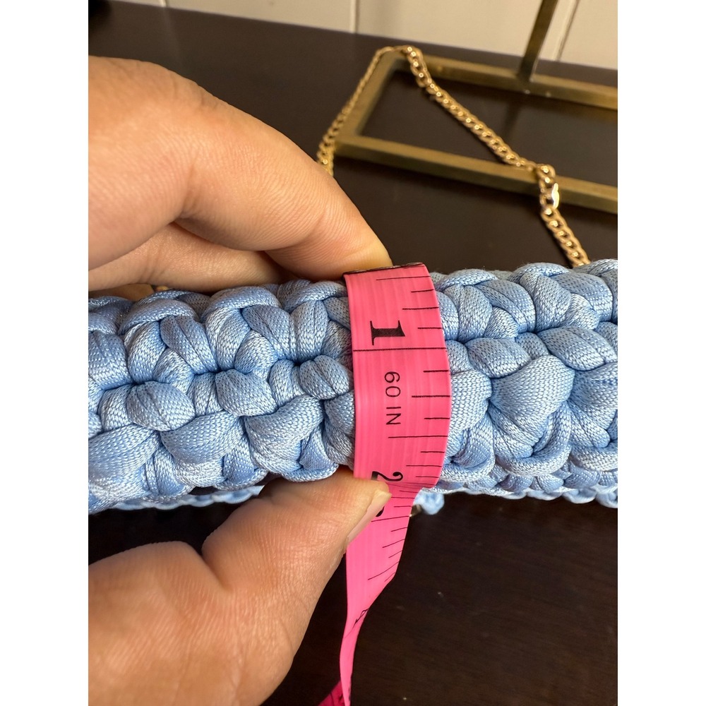 Crochet Shoulder Bag‎ Women's Light Blue Knit Purse with Gold Chain Strap Clutch - Picture 10 of 11